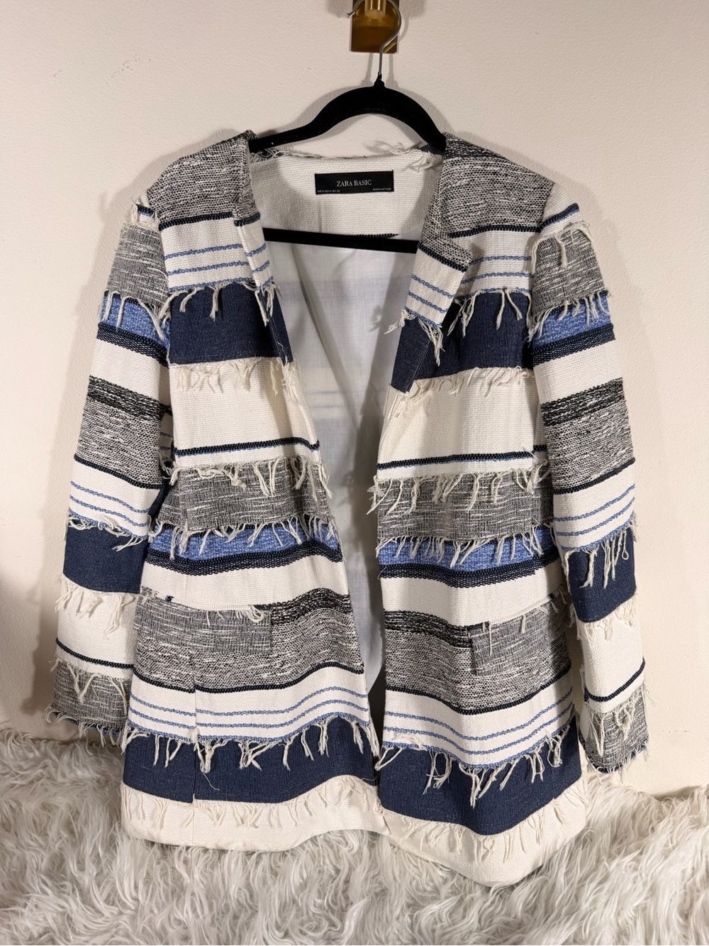 Zara Striped Fringe Open-Front Jacket in White, Navy & Gray